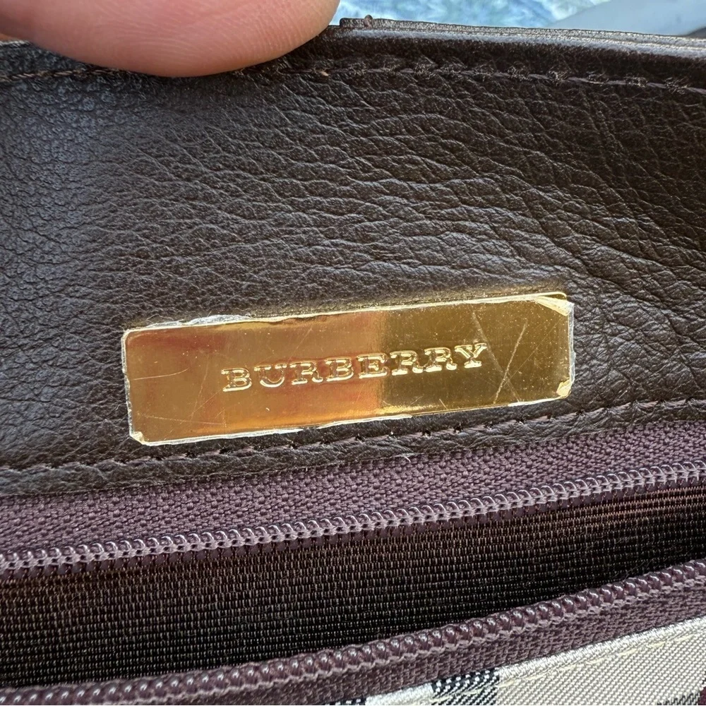 Burberry Brown Leather Tote Bag with Burberry Scarf and perfume.